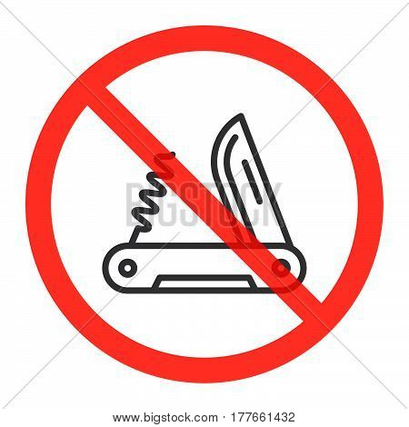 Multi tool knife line icon in prohibition red circle ban sign forbidden symbol. Vector illustration isolated on white