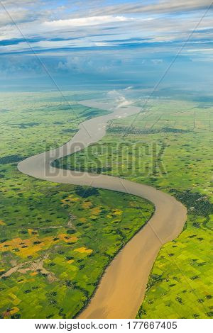 Winyaw River and paddy field view from window of airplane on the way from bangkok thailand to yangon myanmar