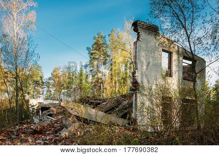 Facade of Old Abandoned Broken Ruined Building. Chernobyl Disasters.
