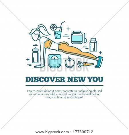 Design concept with thin line icons of healthy living lifestyle, food and fitness training elements. Outline logo template isolated on white background.