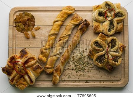Traditional Syrian pastries food or pies with thyme or vegetables for lunch or breakfast. homemade oriental baked dishes.