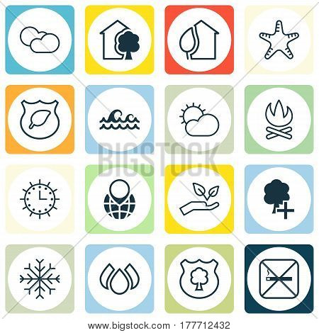 Set Of 16 Eco-Friendly Icons. Includes Sun Clock, Snow, Insert Woods And Other Symbols. Beautiful Design Elements.