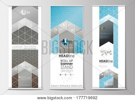 Set of roll up banner stands, flat design templates, abstract geometric style, modern business concept, corporate vertical vector flyers, flag banner layouts. Scientific medical research, chemistry pattern, hexagonal design molecule structure, science vec