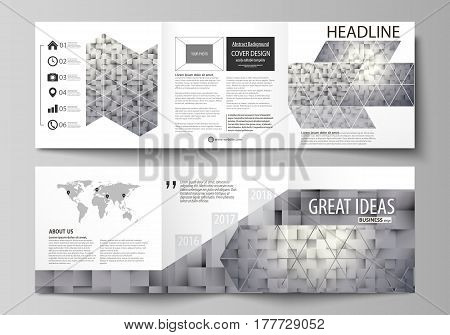 Set of business templates for tri fold square design brochures. Leaflet cover, abstract flat layout, easy editable vector. Pattern made from squares, gray background in geometrical style. Simple texture.