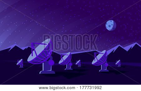 Flat style illustration with satellite dishes in the valley with mountains and moon on background. Radio telescopes track the stars at night.