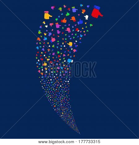 Thumb Up random fireworks stream. Vector illustration style is flat bright multicolored iconic symbols on a blue background. Object fountain made from scattered pictograms.