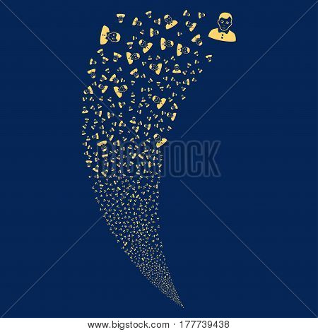 Boy random fireworks stream. Vector illustration style is flat yellow iconic symbols on a blue background. Object fountain created from scattered pictographs.