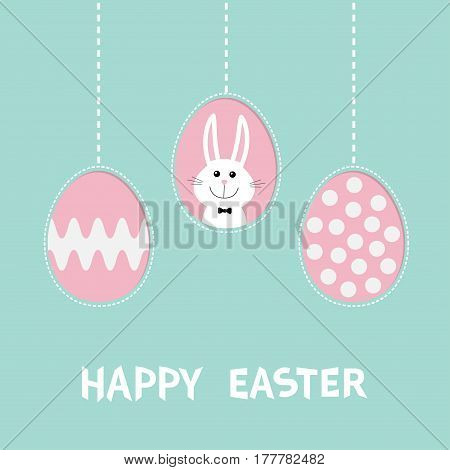 Rabbit hare with tie bow. Three painting egg shell. Happy Easter text. Hanging painted egg set. Dash line. Greeting card. Flat design style. Cute decoration element. Vector illustration