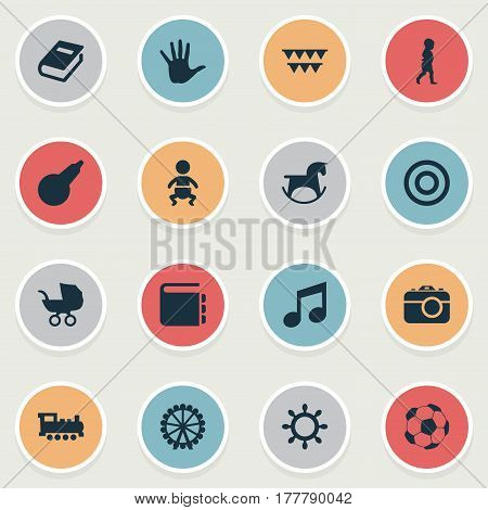 Vector Illustration Set Of Simple Baby Icons. Elements Palm, Rudder, Dictionary And Other Synonyms Direction, Ferris And Encyclopedia.