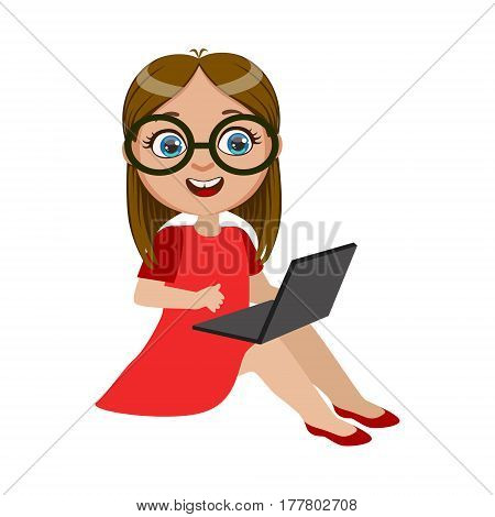 Girl In Red Dress Sitting With Lap Top, Part Of Kids And Modern Gadgets Series Of Vector Illustrations. Smiling Kid Addicted To Electronic Devices, Active Internet Technologies User.
