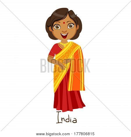 Girl In India Country National Clothes, Wearing Sari Dress Traditional For The Nation. Kid In Indian Costume Representing Nationality Cute Vector Illustration.