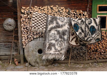 Traditional Romanian woven fabric blanket from Maramures region