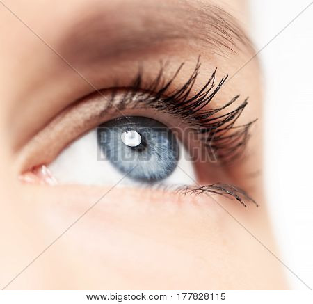 Closeup of human eye with blue pupil and long eyelashes over white background. Eyesight, disease and treatment concept.