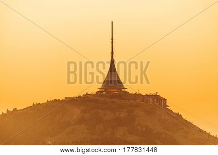 Jested mountain above the town of Liberec at sunset. Aerial photo