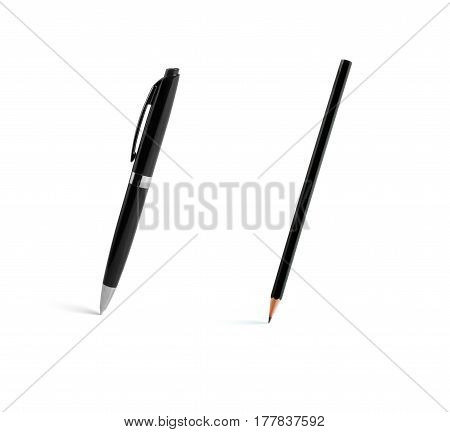 Set of black pens and pencil on white background