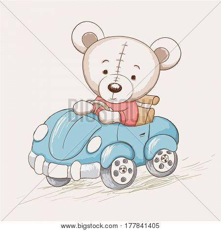cute funny bear drive a car.Childish vector illustration