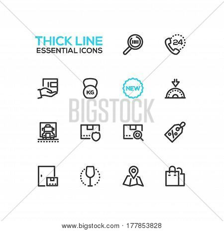 Delivery Service - modern vector single thick line icons set. Magnifying glass, phone, twenty four hour, floppy disk, new, truck, security, parcel, discount, map, bag