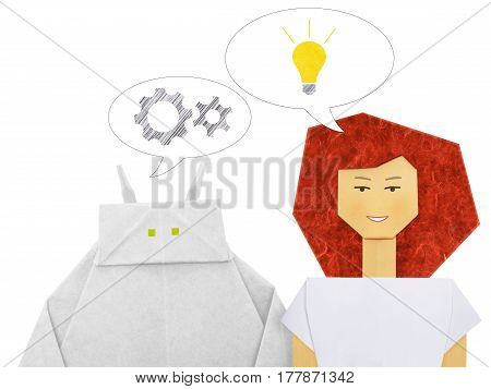 Paper origami white robot chatbot chat bot or chatterbot dialog with woman on a white background. Mecanica and idea inspiration concept