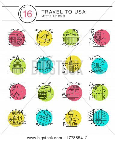 Vector set of line icons with symbols of United States.