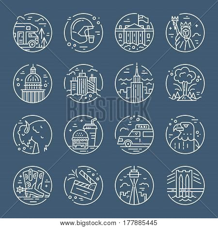 USA icons. Travel to United States symbols in line style vector.