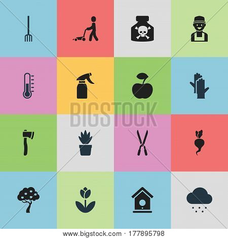 Set Of 16 Editable Farm Icons. Includes Symbols Such As Farmer, Working Gloves, Garden Scissors And More. Can Be Used For Web, Mobile, UI And Infographic Design.
