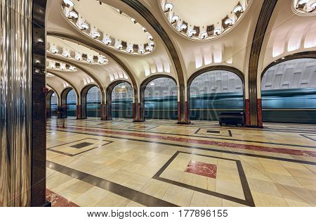 MOSCOW/ RUSSIA - MARCH 11, 2017. Metro station Mayakovskaya, opened 1938. Moscow, Russia