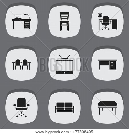 Set Of 9 Editable Furniture Icons. Includes Symbols Such As Trestle, Ergonomic Seat, Television And More. Can Be Used For Web, Mobile, UI And Infographic Design.
