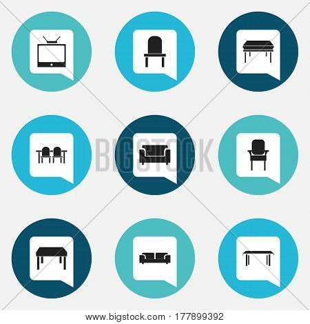 Set Of 9 Editable Interior Icons. Includes Symbols Such As Restaurant Table, Trestle, Television And More. Can Be Used For Web, Mobile, UI And Infographic Design.