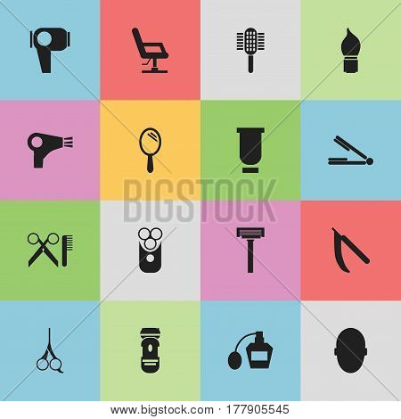 Set Of 16 Editable Tonsorial Artist Icons. Includes Symbols Such As Elbow Chair, Desiccator, Take The Hair Dryer And More. Can Be Used For Web, Mobile, UI And Infographic Design.