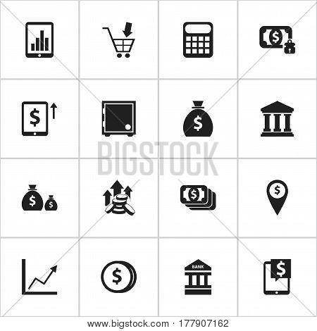 Set Of 16 Editable Finance Icons. Includes Symbols Such As Money-Guard, Holdall, Shopping Pushcart And More. Can Be Used For Web, Mobile, UI And Infographic Design.