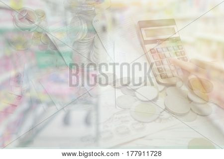 Abstract blurred photo of store with trolley in department store for background. Business Concept.