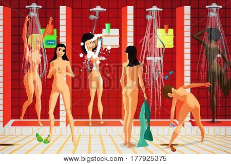 Interior of the shower room at the swimming pool sports club. Naked women washing in the showers at the gym. Vector flat cartoon illustration