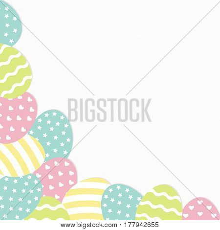 Painted egg corner frame. Painting shell. Heart star line shape pattern Light color. Happy Easter. Greeting card template. White background. Isolated. Flat design. Vector illustration