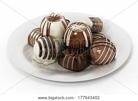 Assorted chocolates isolated on white background. 3D illustration.