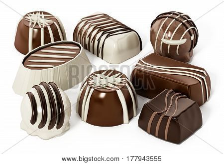 Assorted chocolates isolated on white background. 3D illustration.