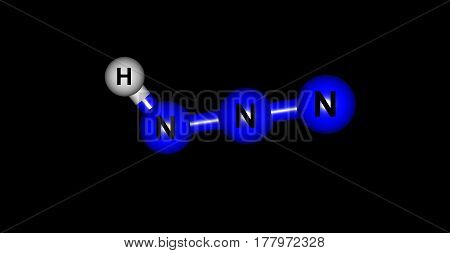 Hydrazoic acid or hydrogen azide or azoimide is a compound with the chemical formula HN3. It is a colorless volatile and explosive liquid at room temperature and pressure. 3d illustration