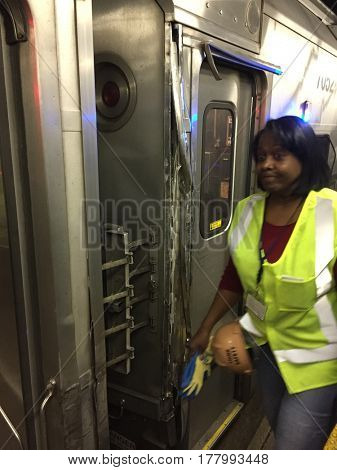 NEW YORK CITY - MAR 24 2017: New Jersey Transit Montclair line damage due to a collision with another train inside Penn Station New York. NJT has a poor safety record with several recent incidents 