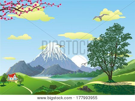 Landscape - mountain view from the hill. The volcano. The mountain ridge. House on the hill. Sunrise. Vector illustration