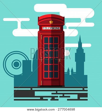 Phone Booth On City Background In A Flat Style, Telephone Booth, Phone Box, Telephone Box. Vector, E