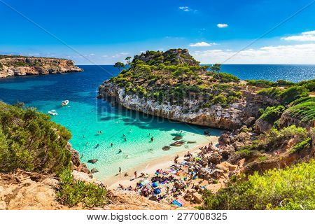 Island Scenery On Majorca, Beautiful Bay Beach Calo Des Moro At The Coast Of Santanyi, Spain Baleari