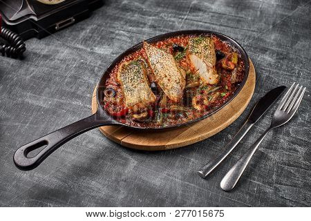 Stewed Perch In Tomato Sauce, Serve Food In The Provencal Style, In A Pan. Top View , Copy Space.