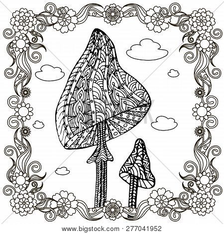 Mushroom Cartoons Sketch In Floral Frame. Cute Doodle Style Monochrome Design Element Stock Vector I
