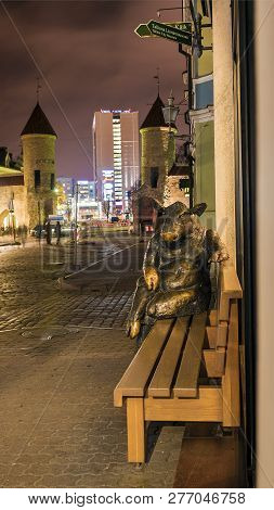 Tallinn, Estonia -  November 7: A Copper Sculpture Of A Bull On The Street Of Viru On November 7, 20