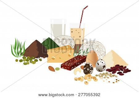 Vegetarian Healthy Food Concept. Set Of Raw Seeds, Granola Bar, Beans, And Milk Productds. Protein B