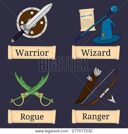 Warrior, Wizard, Rogue, Ranger. Main Role Classes. Select Your Class. Vector Illustration.
