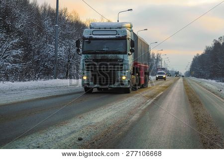 Moscow Region, Serpuchov, Russia - December, 24, 2018: image of a truck on a winter road