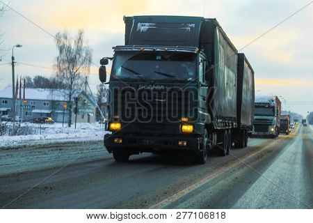 Moscow Region, Serpuchov, Russia - December, 24, 2018: image of a truck on a winter road