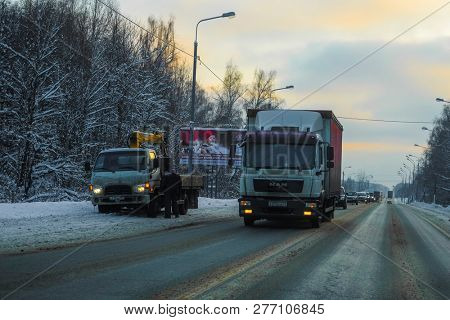 Moscow Region, Serpuchov, Russia - December, 24, 2018: image of a truck on a winter road