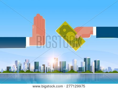 Businessman Refusing Offered Bribe Offers Money Refusal Hand Gesture Stop Corruption Concept Over Bi
