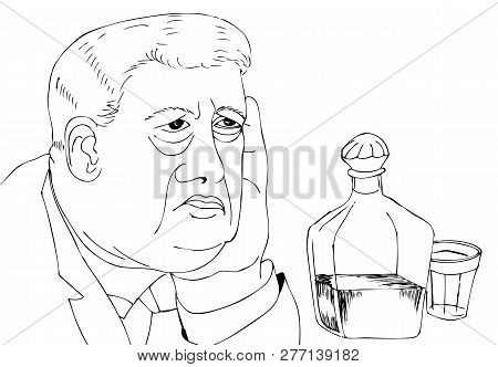 Portrait Of A Man With Vodka. Hand Drawn Illustrations For Coloring